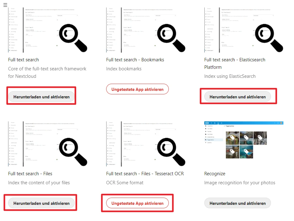Raster aus Vorschau-Kacheln mit Such-Icons, Überschriften wie Full text search, rote Buttons 'Herunterladen und aktivieren'.