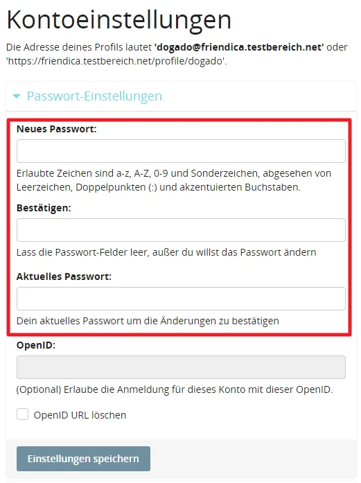 Screenshot einer Kontoeinstellungen-Seite mit Feldern: Neues Passwort, Bestätigen, Aktuelles Passwort, OpenID und Speichern.