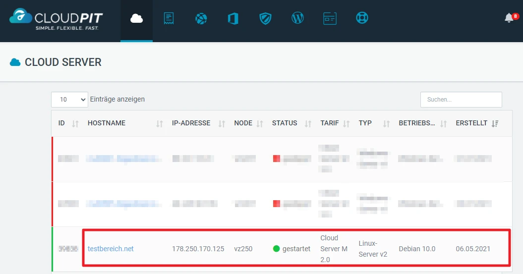 Weboberfläche einer Serverliste; roter Rahmen um Eintrag mit Hostname testbereich.de und IP 178.250.170.125, Status gestartet.