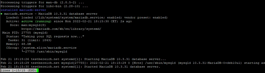 Schwarzes Terminalfenster mit Logzeilen: Start von MariaDB 10.3.31 Datenbankserver, Meldungen zu mysqld und Systemdiensten.