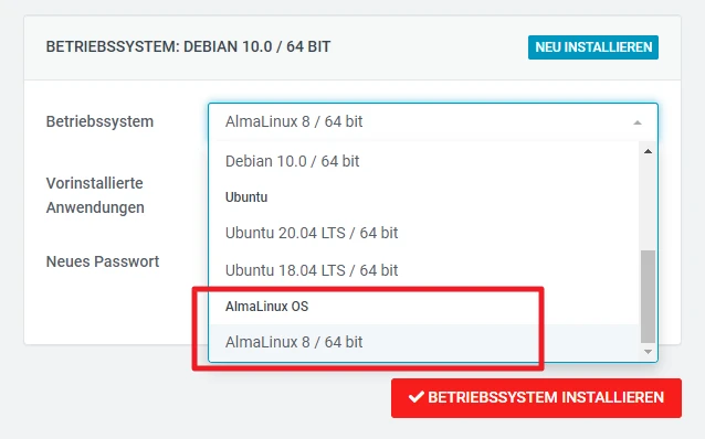 Installationsdialog mit Betriebssystem-Auswahl; AlmaLinux-Option markiert; roter Installieren-Button unten rechts.