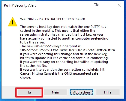 PuTTY-Sicherheitswarnung: Gelbes Warnsymbol; Text über neuen SSH-Fingerprint; Buttons: Ja, Nein, Abbrechen, Hilfe.