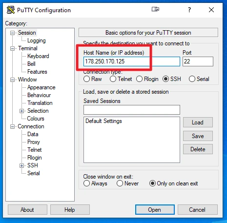 PuTTY-Konfigurationsfenster; Host Name (or IP address) 178.250.170.125, Port 22; linke Kategorienliste sichtbar.
