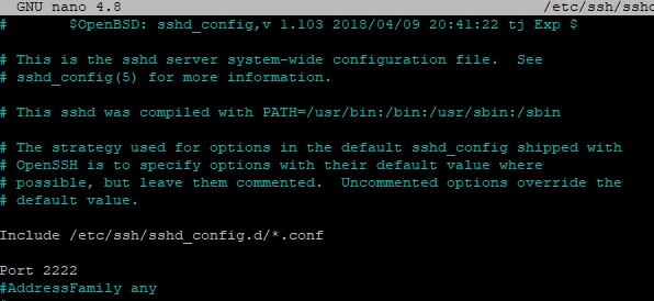 Terminalfenster mit GNU nano 4.8, SSHD-Konfigurationsdatei; Port 2222 ist sichtbar.