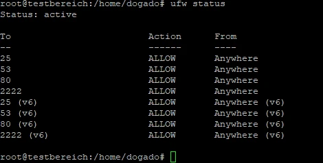 Terminal: ufw status - Status: active. Ports 25, 53, 80, 2222 ALLOW Anywhere (inkl. v6).