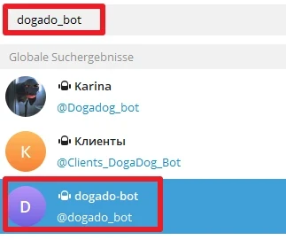 Globale Suchergebnisse: Profil dogado_bot mit blau-lila Avatar und @dogado_bot, hervorgehoben.