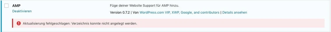 Screenshot einer WordPress-Admin-Seite: AMP-Plugin; rote Fehlermeldung 'Aktualisierung fehlgeschlagen'.