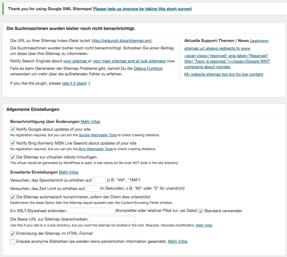 Ausschnitt aus der XML-Sitemap Konfiguration
