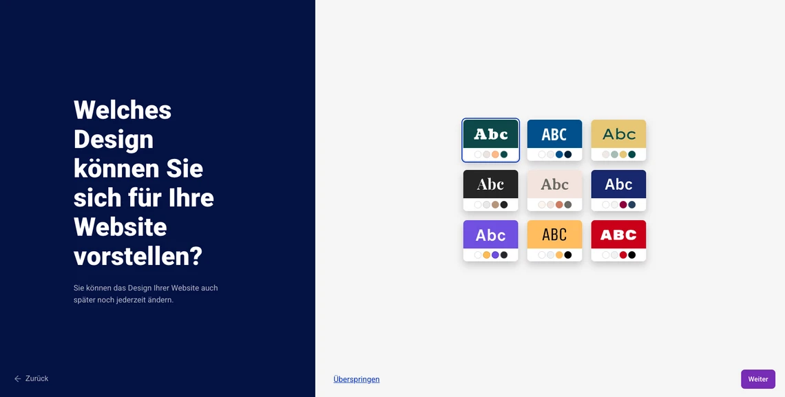 Geteilter Bildschirm: links dunkelblau mit weißem Text; rechts viele bunte Schaltflächen/Badges mit Abc.