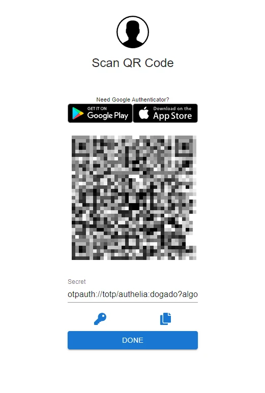QR-Code-Scanner: Profilbild-Icon, 'Scan QR Code', 'Secret', otpauth://totp/authelia:dogado2algo, blauer DONE-Button.