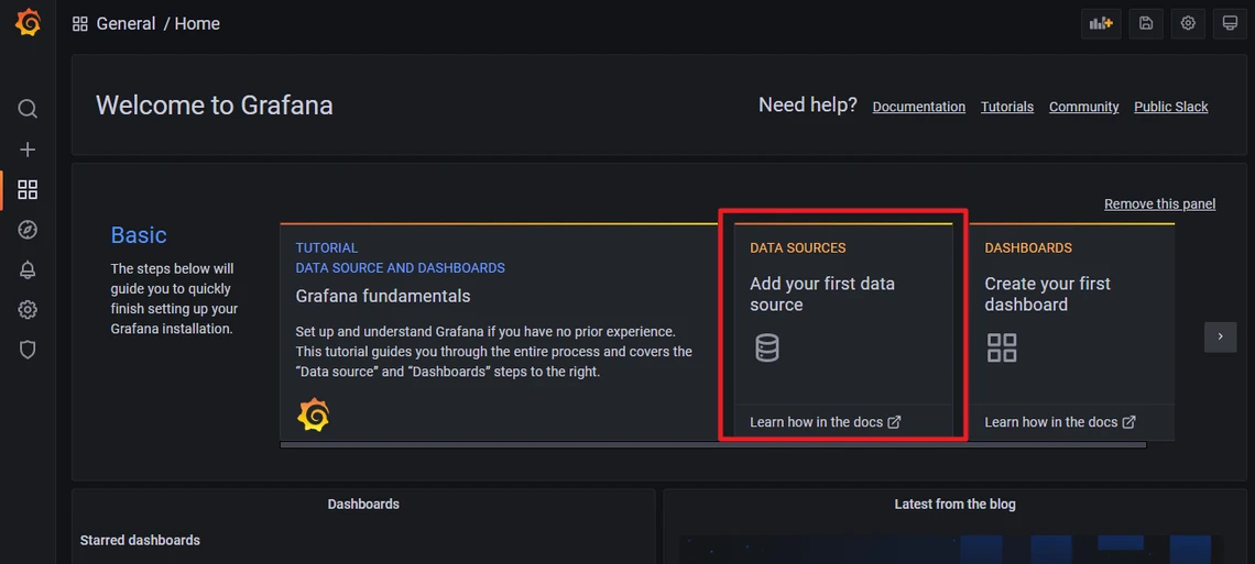 Dunkles Grafana-Dashboard mit linker Sidebar; Karten für Data Sources, Tutorials und Dashboards; Data Sources rot umrandet.