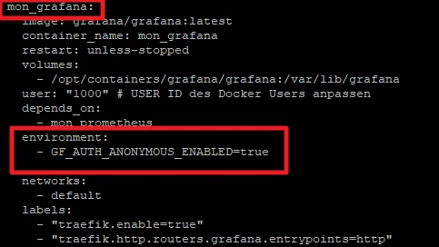 Screenshot eines Grafana-Docker-Compose-Abschnitts mit GF_AUTH_ANONYMOUS_ENABLED=true.
