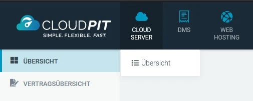 Kopfzeile mit CloudPIT-Logo und Menü Cloud Server, DMS, Web Hosting; linke Seitenleiste mit Übersichts- und Vertragsübersicht.