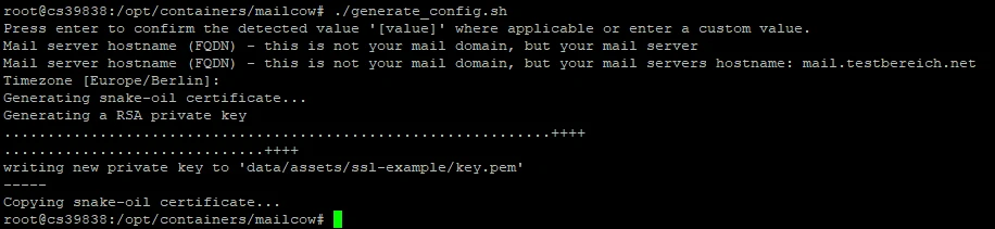 Schwarzes Terminalfenster mit Root-Prompt; führt ./generate_config.sh aus, weiße/grüne Textzeilen mit Eingabeaufforderungen.