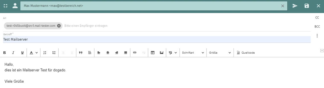 Screenshot einer E-Mail-Komposition: Toolbar mit Icons; Textbereich zeigt den Text 'Hallo, dies ist ein Mailserver Test für dodado. Viele Grüße'