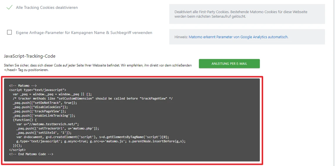 Screenshot eines Browserfensters mit Cookies-Hinweis oben; darunter dunkelgrauer JavaScript-Codeblock in rotem Rahmen.