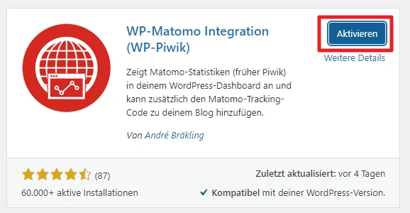 Kachel mit rotem Rundlogo (Globus) links, Plugin-Name WP-Matomo Integration, rechter blauer Button 'Aktivieren'.