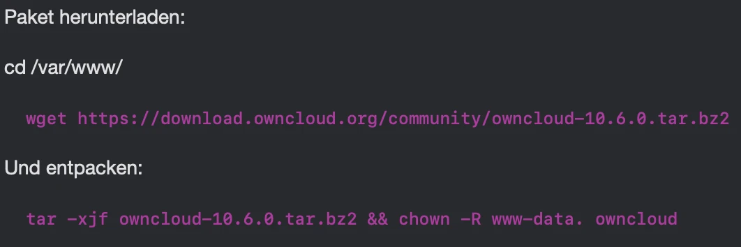 Terminalfenster mit dunklem Hintergrund; weiße und violette Befehle zum Herunterladen und Entpacken von owncloud-10.6.0.tar.bz2.