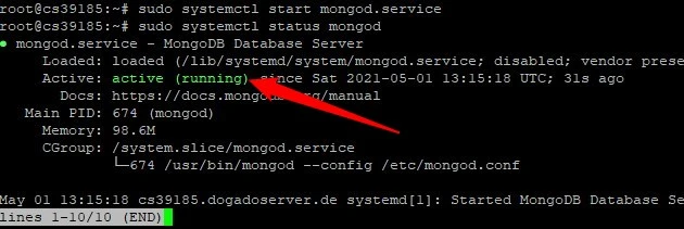 Terminalfenster zeigt MongoDB-Dienststatus: aktiv (running), PID 674, Speicher 90.0M.