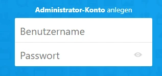Blaues Hintergrundbild mit weißem Login-Formular: Felder 'Benutzername' und 'Passwort' mit Augensymbol rechts.