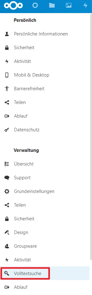 Screenshot eines linken Seitenmenüs mit Symbolen und deutschen Bezeichnungen; Menüpunkt Volltextsuche rot umrandet.