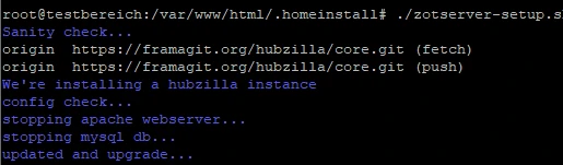 Schwarzes Terminalfenster mit Meldung: 'origin https://framagit.org...'; 'We're installing a hubzilla instance'