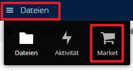 Oben links Hamburger-Menü, daneben blaues 'Dateien'; unten schwarze Leiste mit 'Dateien', 'Aktivität' und rechts Market.