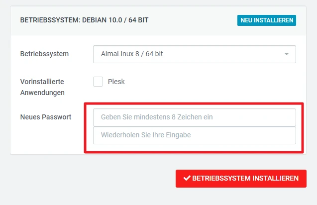 Installationsfenster mit Debian 10/64-Bit, Drop-down AlmaLinux 8, Plesk-Option, zwei Passwortfelder, rote Installieren-Taste.