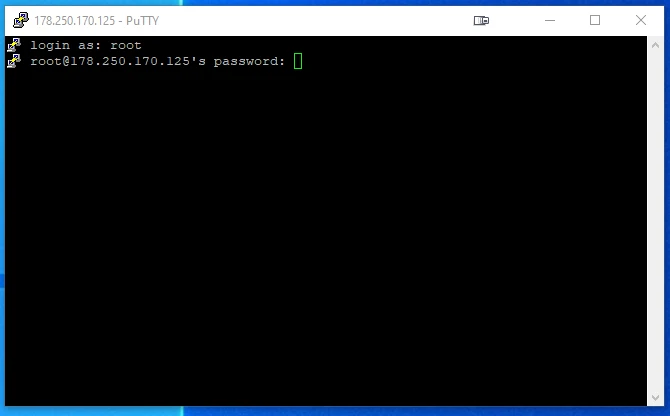 PuTTY-Terminal auf schwarzem Bildschirm; Zeile: 'login as: root' und 'root@178.250.170.125's password:' mit grünem Cursor.
