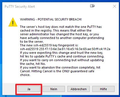 PuTTY-Sicherheitswarnung mit Warnsymbol; Dialogtext zur Host-Key-Übereinstimmung, vier Schaltflächen: Ja, Nein, Abbrechen, Hilfe.
