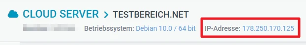 Screenshot einer Cloud-Server-Oberfläche mit CLOUD SERVER > TESTBEREICH.NET, Debian 10.0/64 Bit, IP 178.250.170.125