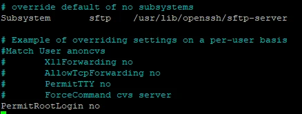 Terminalfenster mit SSHD-Konfig: Subsystem sftp /usr/lib/openssh/sftp-server PermitRootLogin no