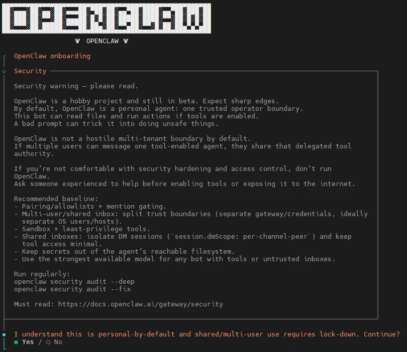 Schwarzes Terminalfenster mit ASCII-OPENCLAW oben; darunter Textfenster mit OpenClaw onboarding und Security.