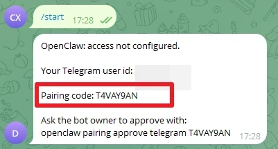 Telegram-Oberfläche: weiße Dialogbox zeigt 'Pairing code: T4VAY9AN' in rotem Rahmen; zwei Avatare links.
