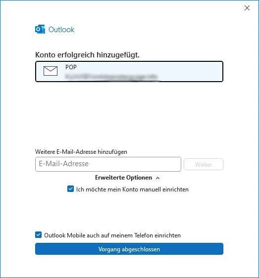 Outlook Konto erfolgreich hinzugefügt