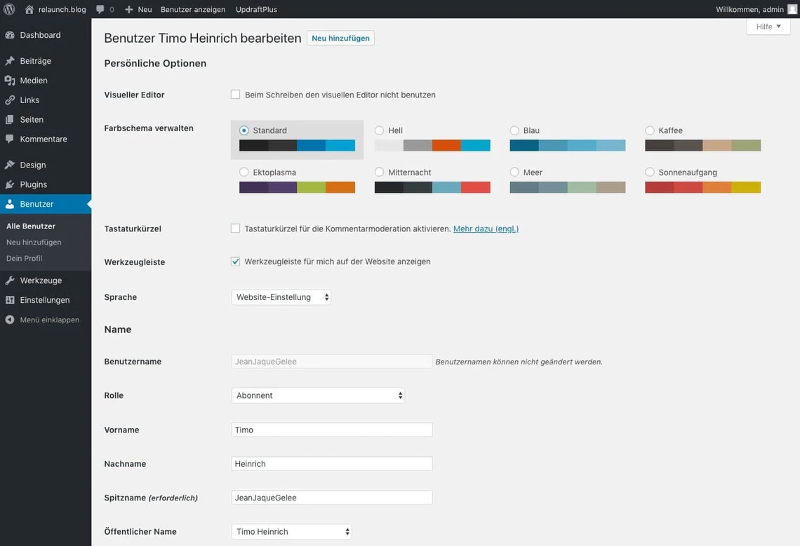 Profileinstellungen eines Nutzers in WordPress