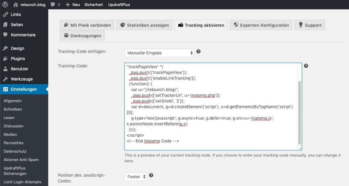 Manuell eingetragener Tracking Code
