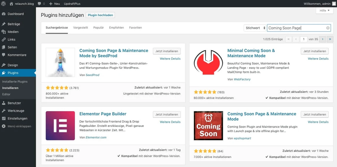 WordPress-Admin-Dashboard: linkes Menü, Überschrift Plugins hinzufügen, sechs Plugin-Karten sichtbar.
