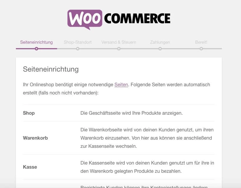 Hilft Euch bei der Einrichtung Eures neuen Online-Shops: Der Einrichtungsassistent von WooCommerce.