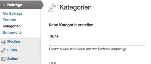 Erster Schritt zur Navigation über Kategorien: Im Dashboard eine neue Kategorie anlegen. Screenshot: S. Cantzler