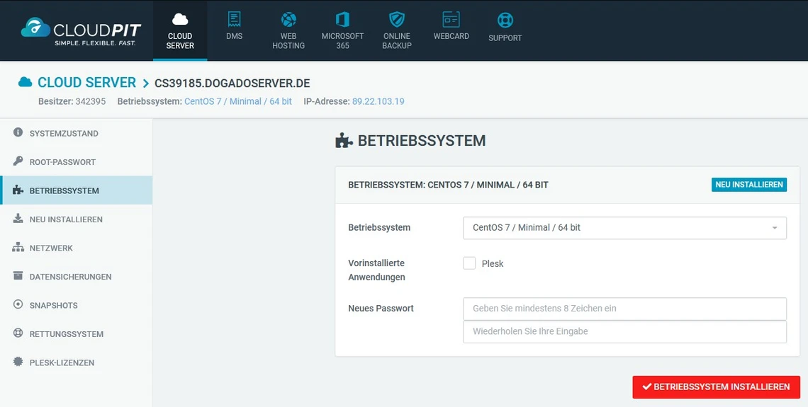CloudPIT-Serververwaltung: linkes Menü, Hauptbereich mit CentOS 7 / Minimal / 64 Bit, Passwortfeld, Installieren-Button.