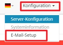UI: deutsches Flaggen-Symbol, Konfiguration mit Dropdown: Server-Konfiguration, Systeminformationen, E-Mail-Setup.