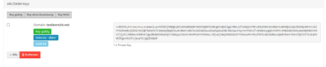 Screenshot eines Dashboards mit Domainanzeige und langem Textfeld; sichtbare Buttons links.