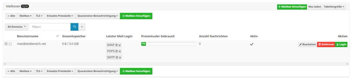 Screenshot einer Weboberfläche mit Tabellenansicht: Spaltenüberschriften, einige Zeilen und grüne Buttons oben.