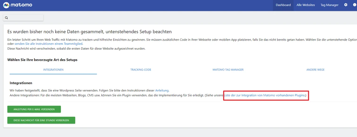 Screenshot einer Matomo-Setup-Seite mit blauer Kopfzeile, Seitenmenü und grünem Button unten.