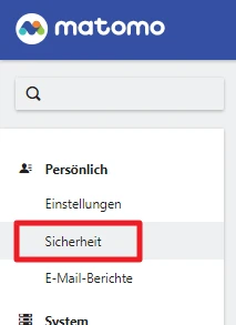 Screenshot von Matomo-Oberfläche: blauer Kopfbereich, Suchleiste, linkes Seitenmenü; Abschnitt Sicherheit in rotem Rahmen.