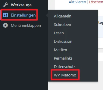 WordPress-Admin: Linkes Menü mit Werkzeugen und Einstellungen; Untermenü rechts mit WP-Matomo (markiert).