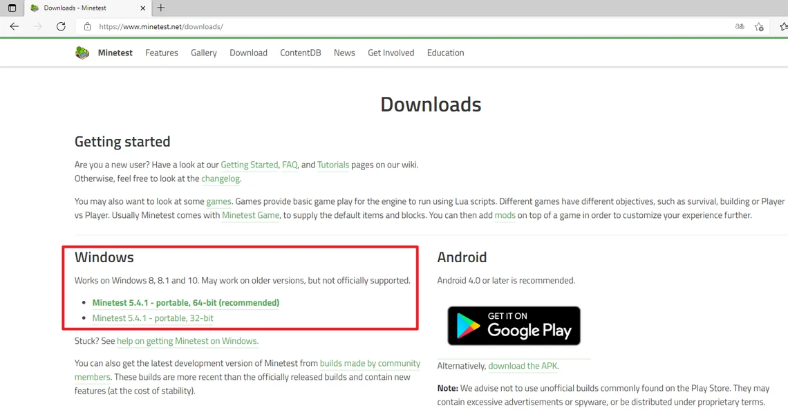 Screenshot einer Download-Seite mit Windows- und Android-Abschnitten; Windows-Block hervorgehoben, Google Play Button sichtbar.