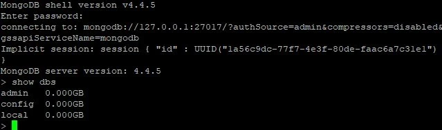 MongoDB-Shell am Terminal, Version v4.4.5; Passwortabfrage; Verbindung zu localhost; DBs admin, config, local (0.000GB).