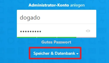Blaues UI mit Login: Nutzer 'dogado', Passwort-Punkte, Eye-Icon; darunter Button 'Speicher & Datenbank' mit Pfeil.